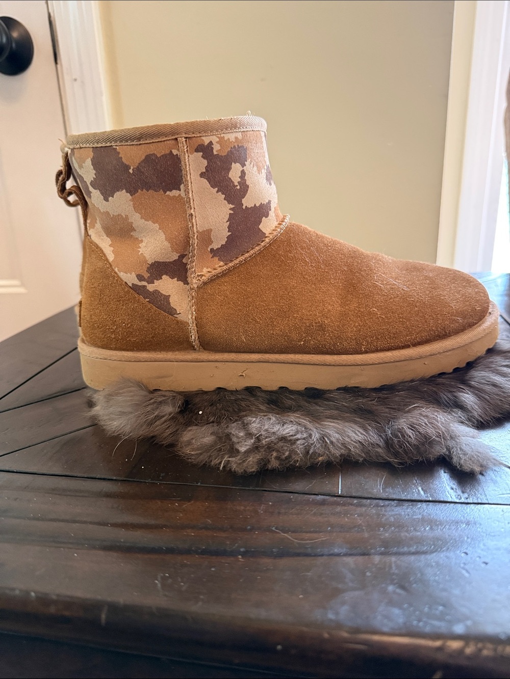 UGG Tan Suede Ankle Boots with Camo Collar